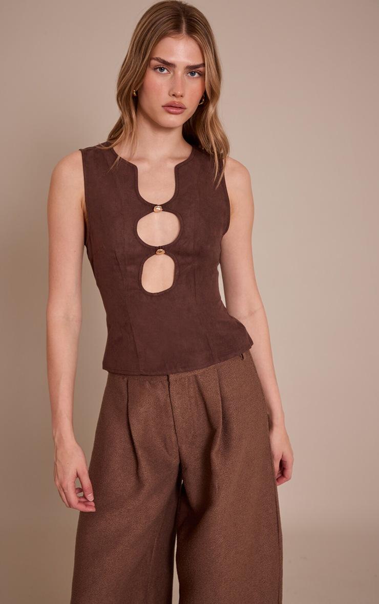 Pretty Little Thing Brown Faux Suede Fitted Cut Out Long Top