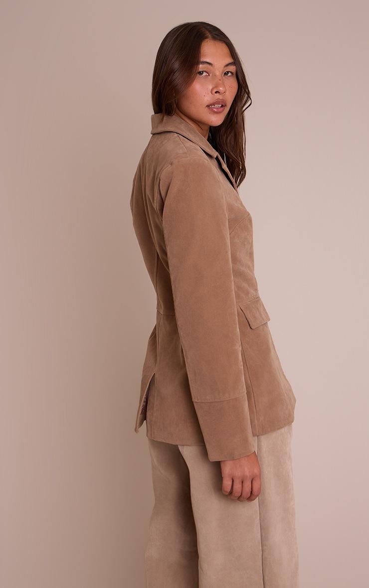 Pretty Little Thing Brown Faux Suede Pocket Detail Cinched Waist Blazer