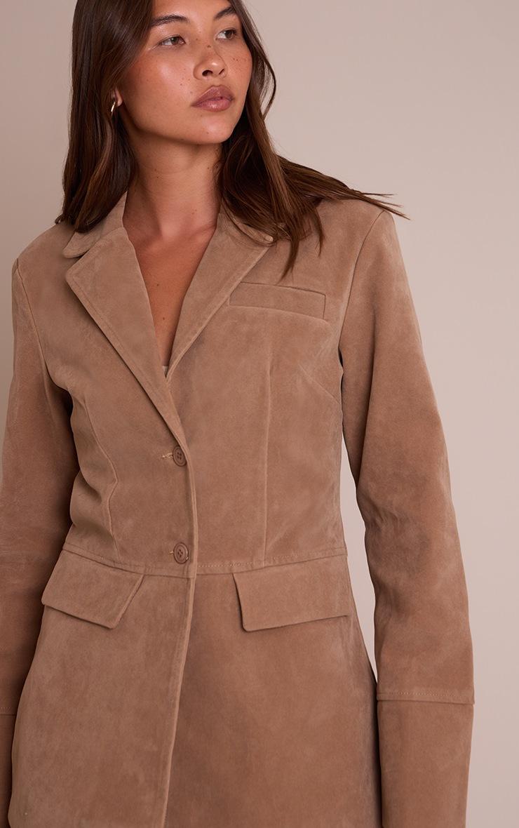 Pretty Little Thing Brown Faux Suede Pocket Detail Cinched Waist Blazer