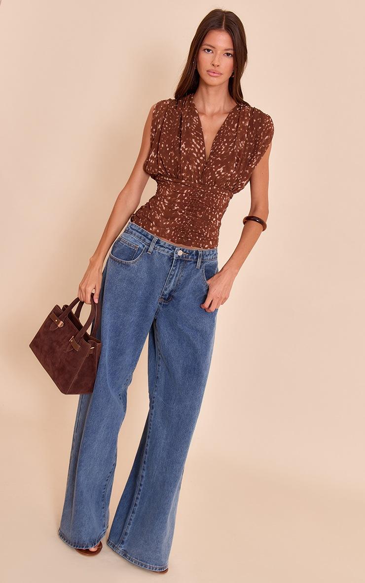 Pretty Little Thing Brown Fawn Print Chiffon Plunge Ruched Bodice Top