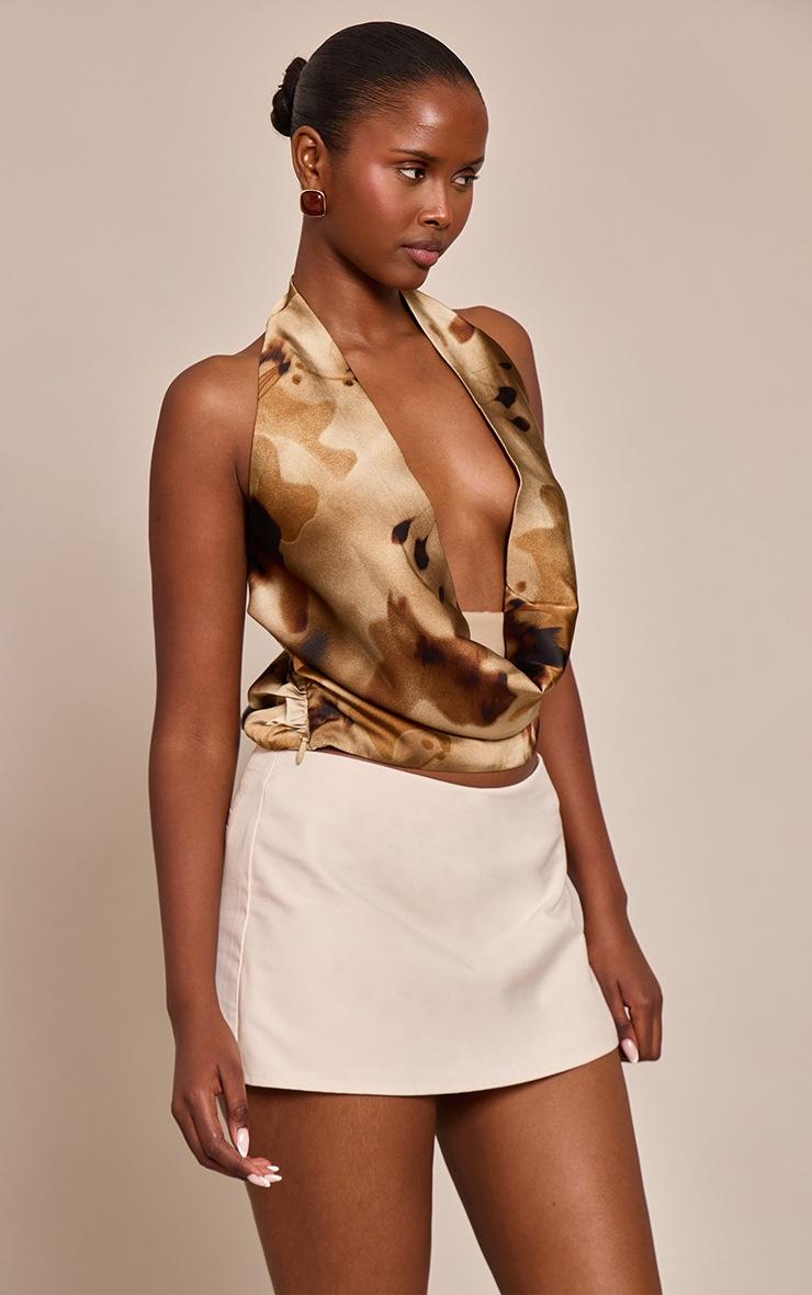 Pretty Little Thing Brown Floral Abstract Print Satin Cowl Neck Top