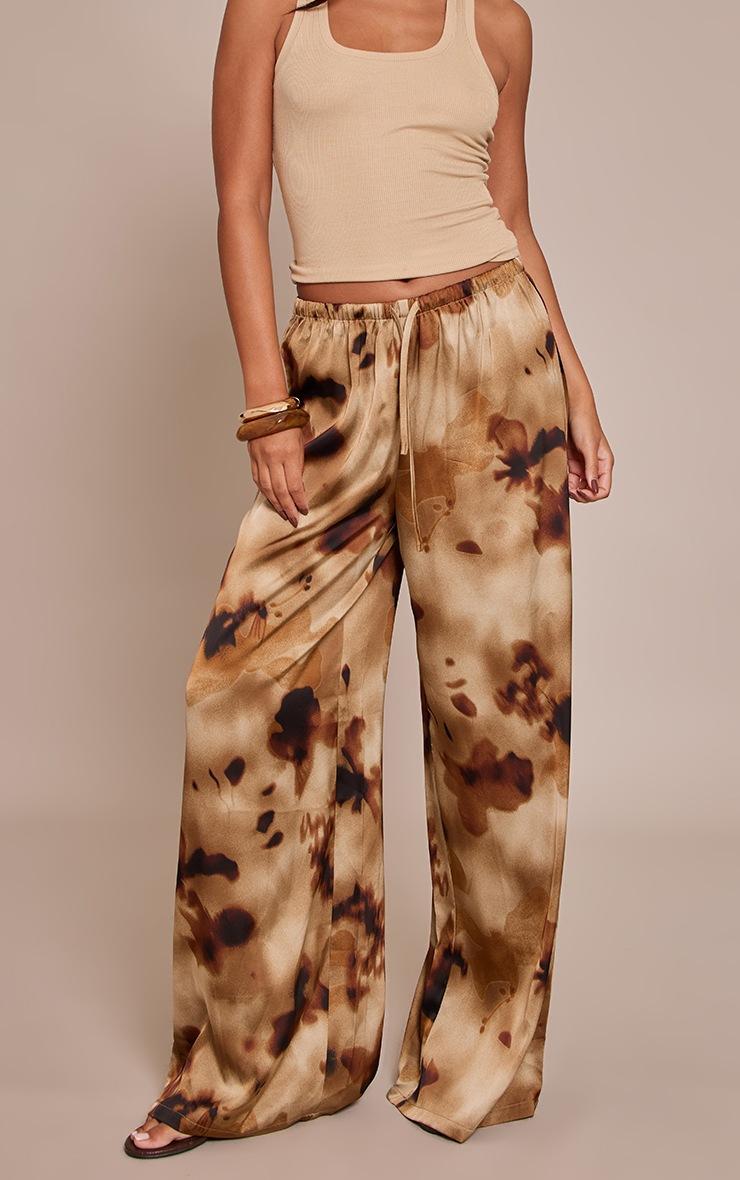 Pretty Little Thing Brown Floral Abstract Print Satin Drawstring Low Rise Pants