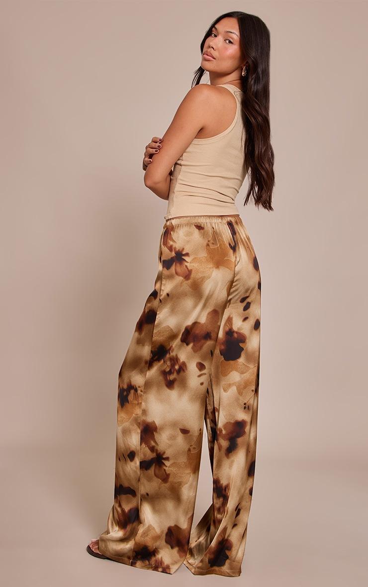 Pretty Little Thing Brown Floral Abstract Print Satin Drawstring Low Rise Pants