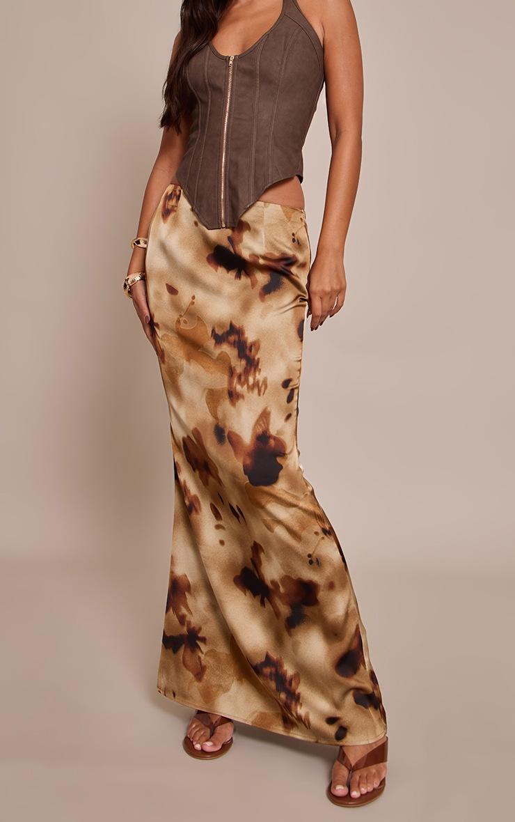 Pretty Little Thing Brown Floral Abstract Print Satin Low Rise Maxi Skirt