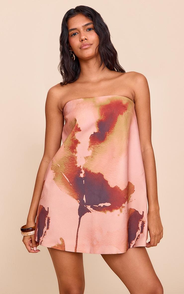 Pretty Little Thing Brown Floral Printed Bandeau A-line Dress