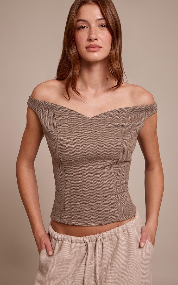 Pretty Little Thing Brown Herringbone Fitted Long Top