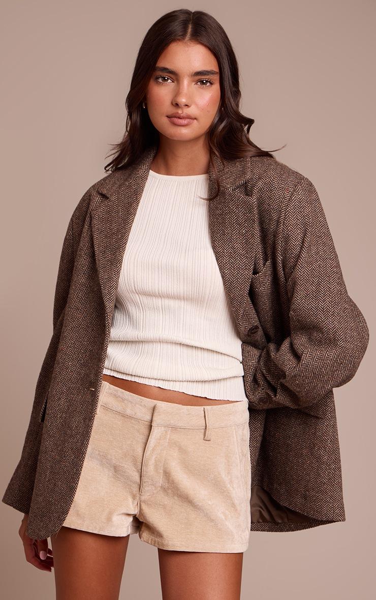 Pretty Little Thing Brown Herringbone Grandad Oversized Blazer