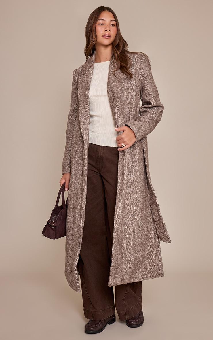 Pretty Little Thing Brown Herringbone Tie Waist Maxi Coat