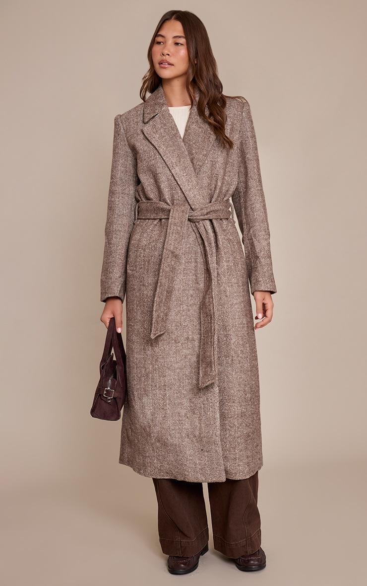 Pretty Little Thing Brown Herringbone Tie Waist Maxi Coat