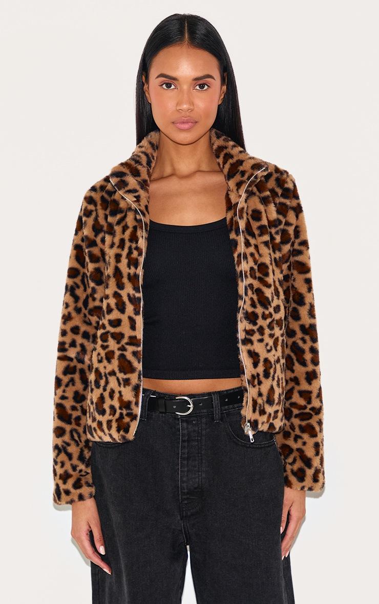 Pretty Little Thing Brown Leopard Fleece Zip Up Jacket
