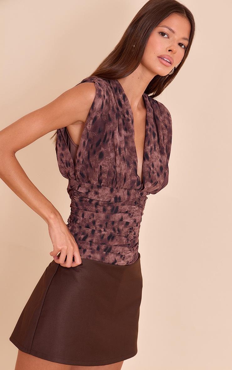 Pretty Little Thing Brown Leopard Print Chiffon Plunge Ruched Bodice Top