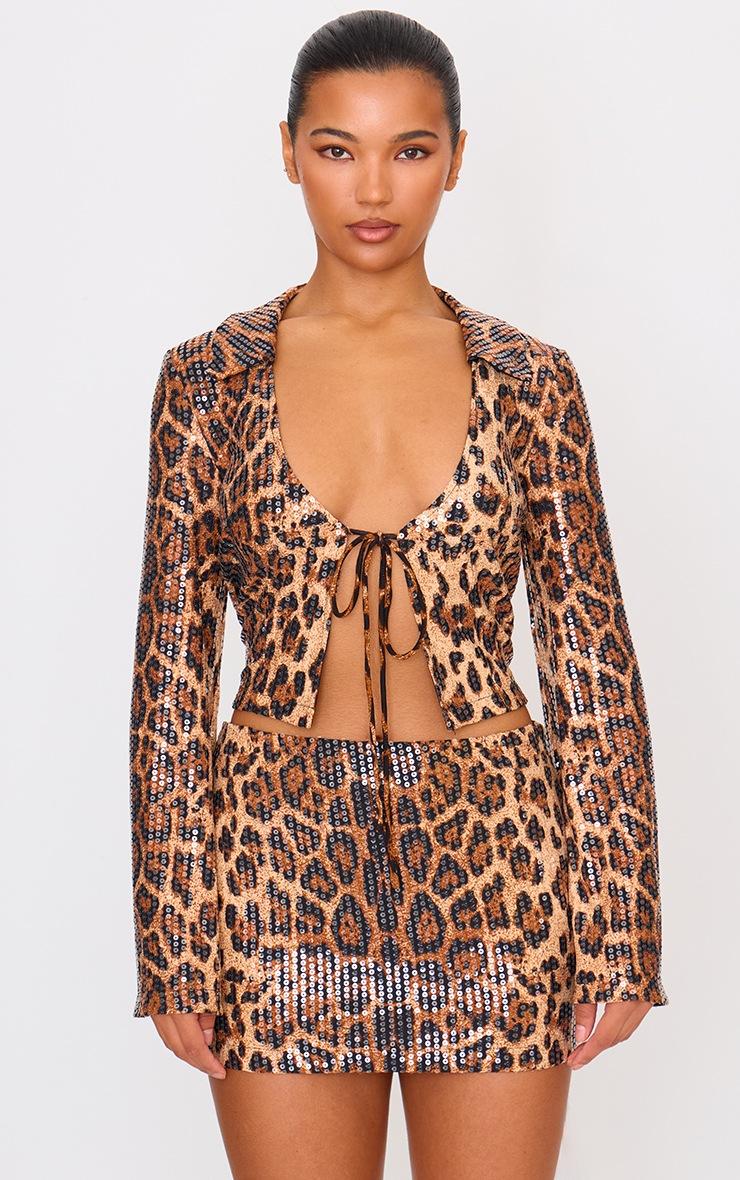 Pretty Little Thing Brown Leopard Print Sequin Tie Front Detail Long Sleeve Shirt