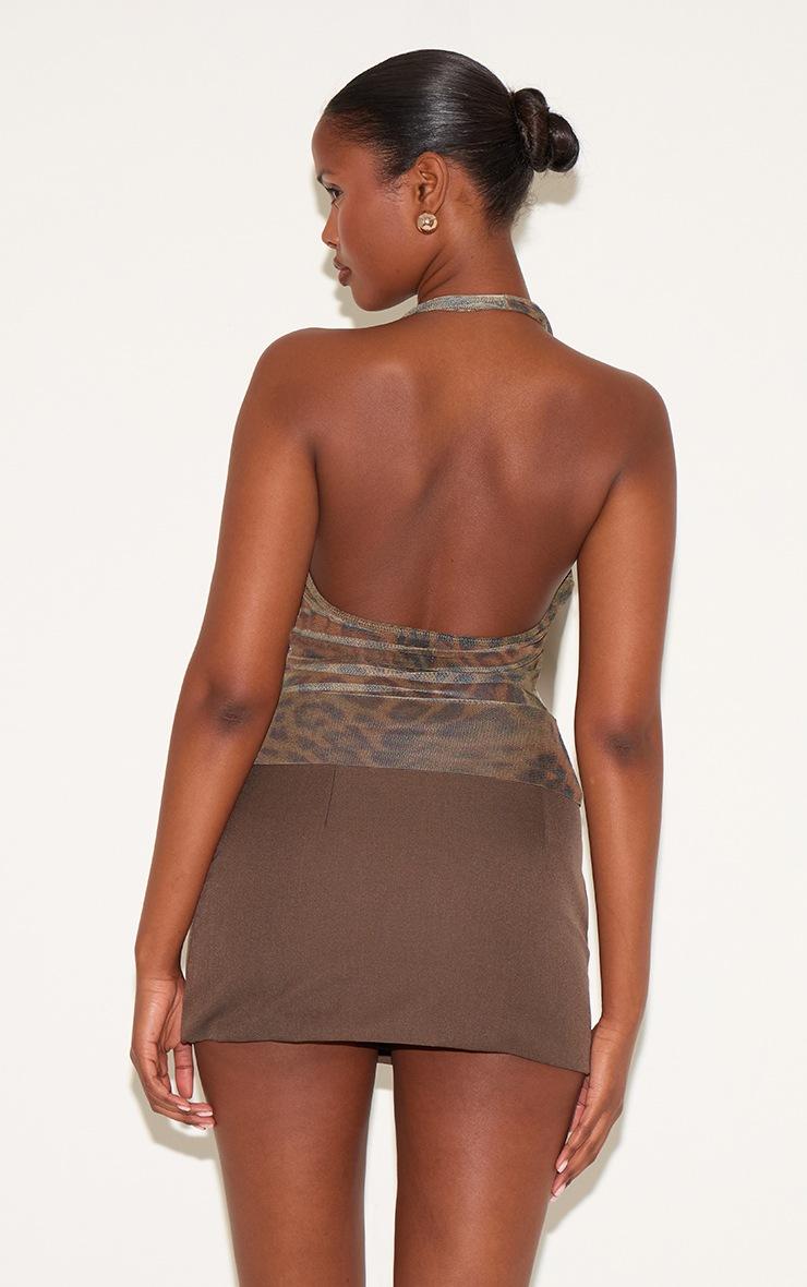Pretty Little Thing Brown Mesh Printed Halter Neck Top