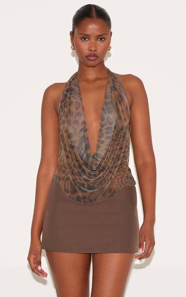 Pretty Little Thing Brown Mesh Printed Halter Neck Top
