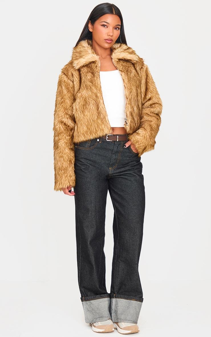 Pretty Little Thing Brown Natural Faux Fur Collar Detail Zip Up Jacket