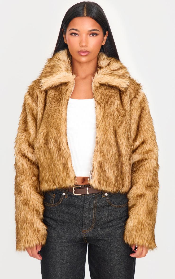 Pretty Little Thing Brown Natural Faux Fur Collar Detail Zip Up Jacket
