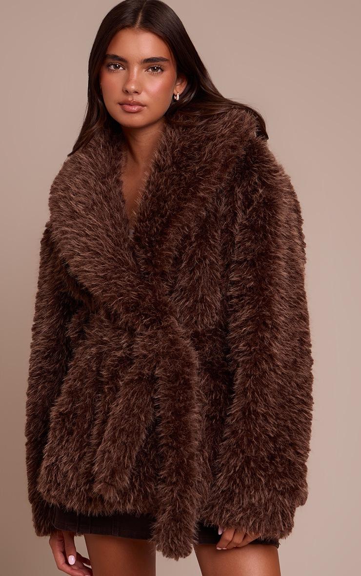 Pretty Little Thing Brown Oversized Collar Faux Fur Coat