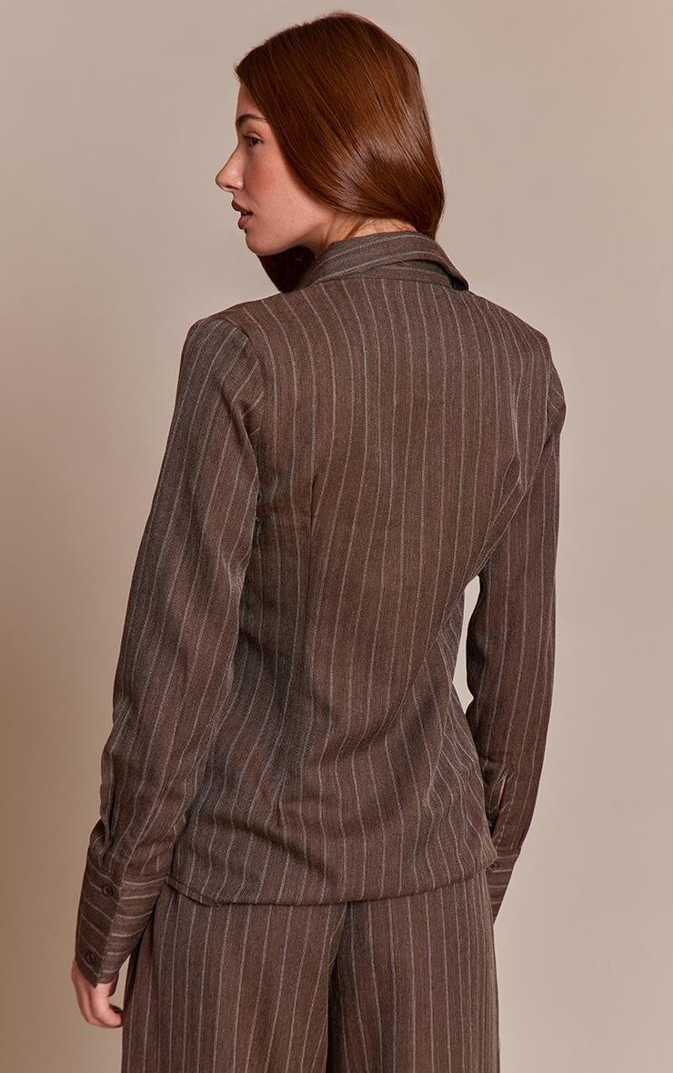 Pretty Little Thing Brown Pinstripe Woven Asymmetric Button Shirt