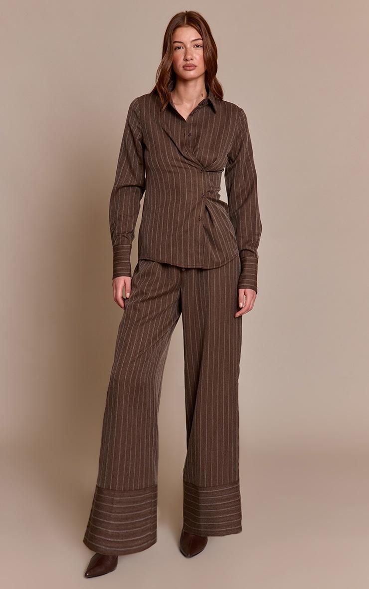Pretty Little Thing Brown Pinstripe Woven Asymmetric Button Shirt