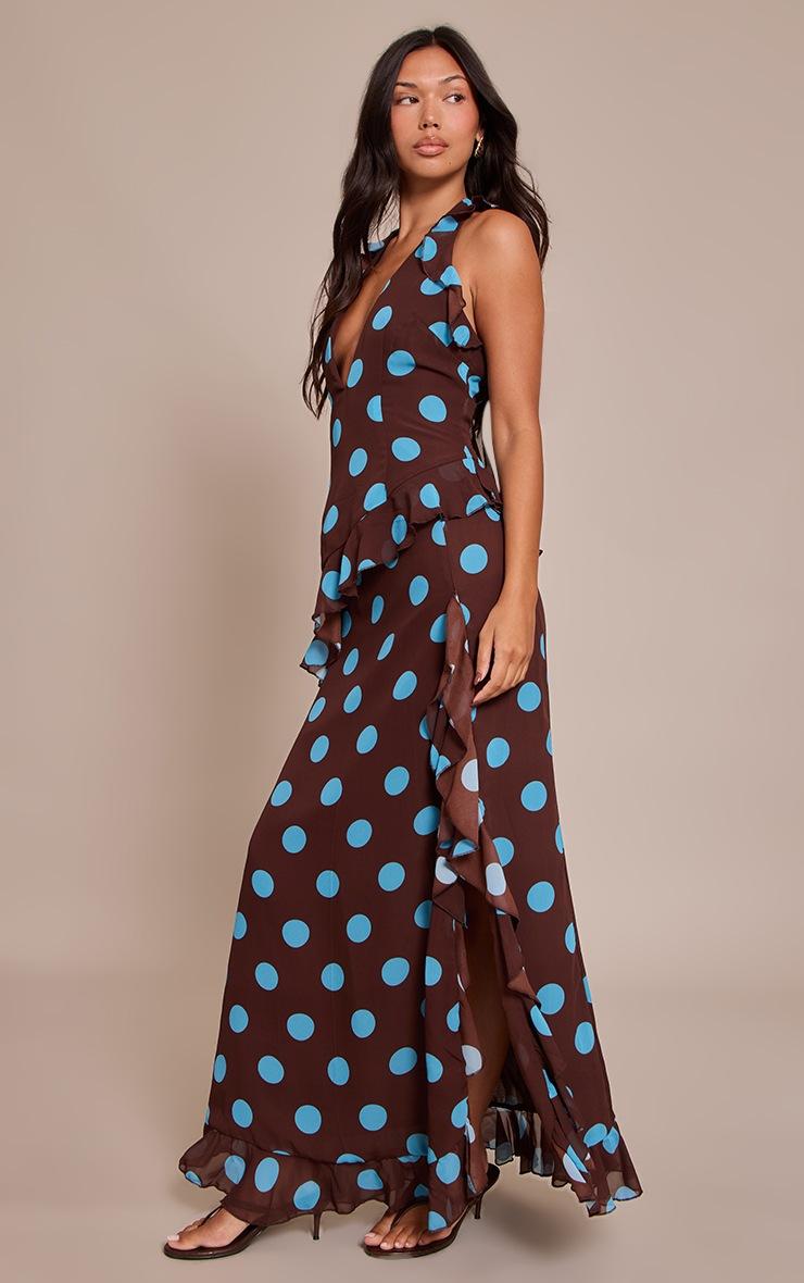 Pretty Little Thing Brown Polka Dot Chiffon Frill Plunge Long Top