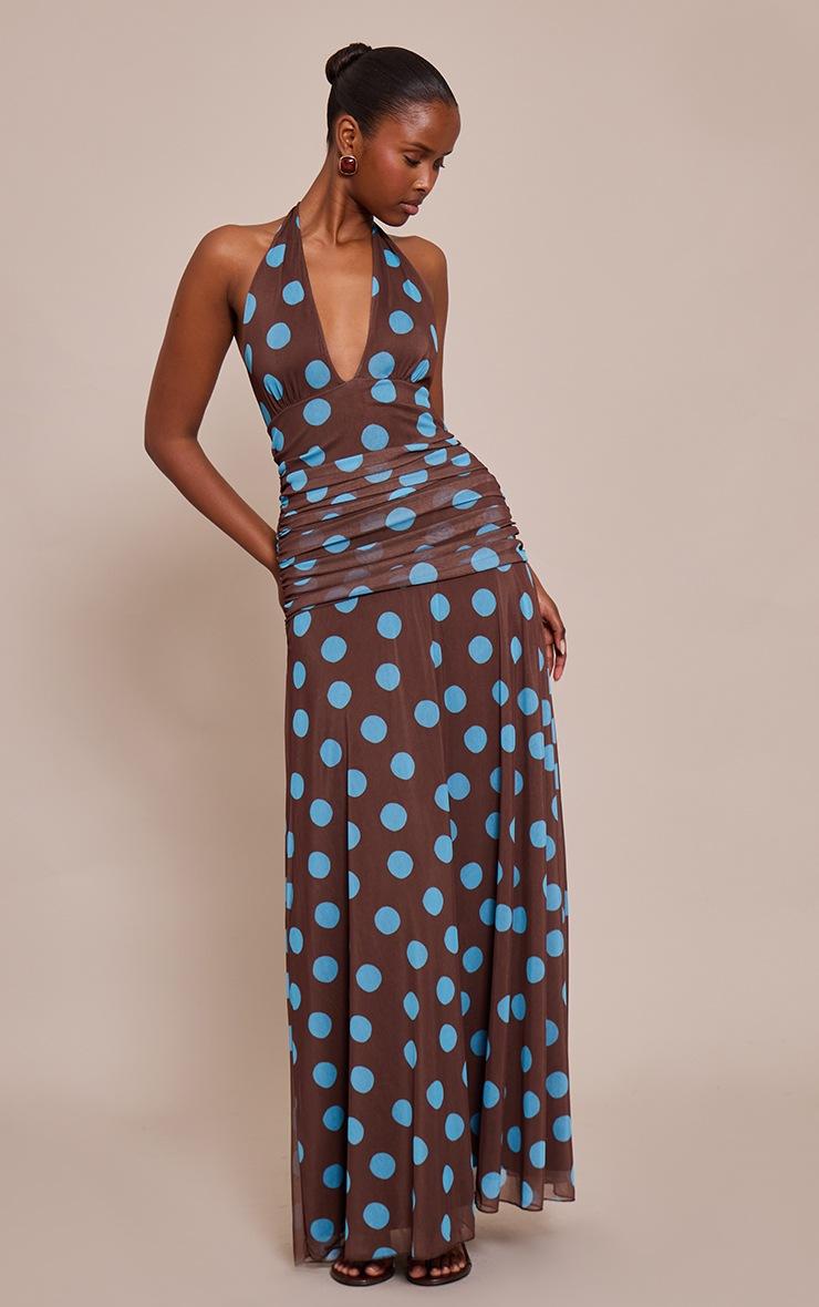 Pretty Little Thing Brown Polka Dot Chiffon Halterneck Maxi Dress