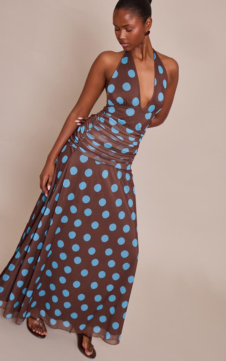 Pretty Little Thing Brown Polka Dot Chiffon Halterneck Maxi Dress