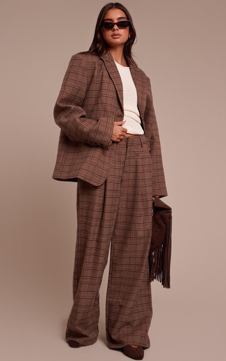 Pretty Little Thing Brown Premium Woven Twill Checked Oversized Blazer