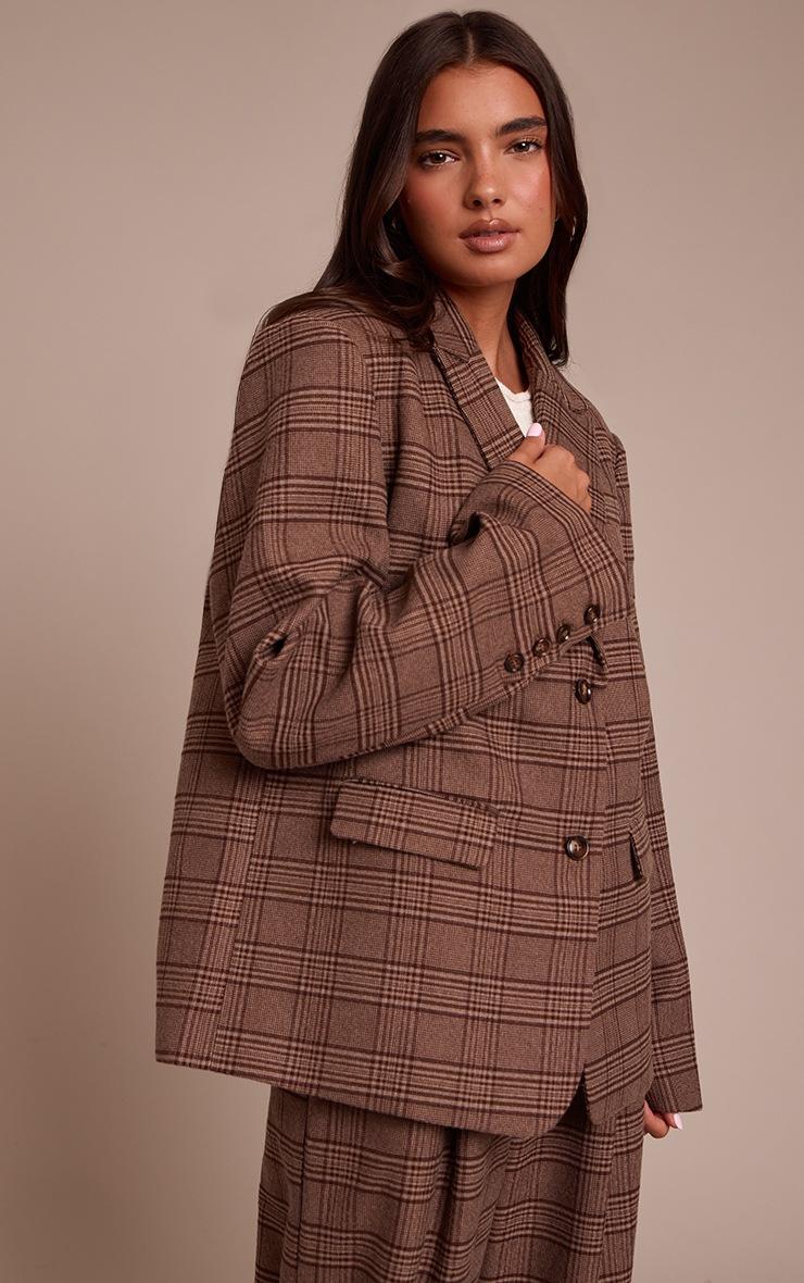 Pretty Little Thing Brown Premium Woven Twill Checked Oversized Blazer