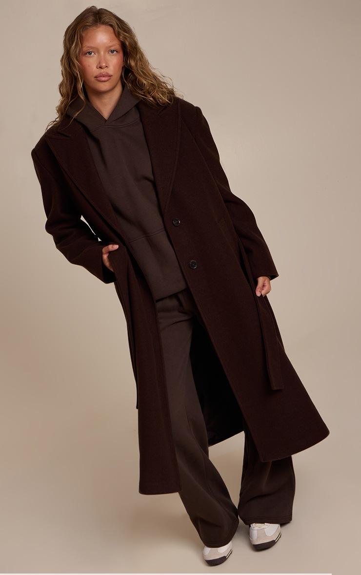 Pretty Little Thing Brown Single Breasted Self Tie Wool Look Maxi Coat