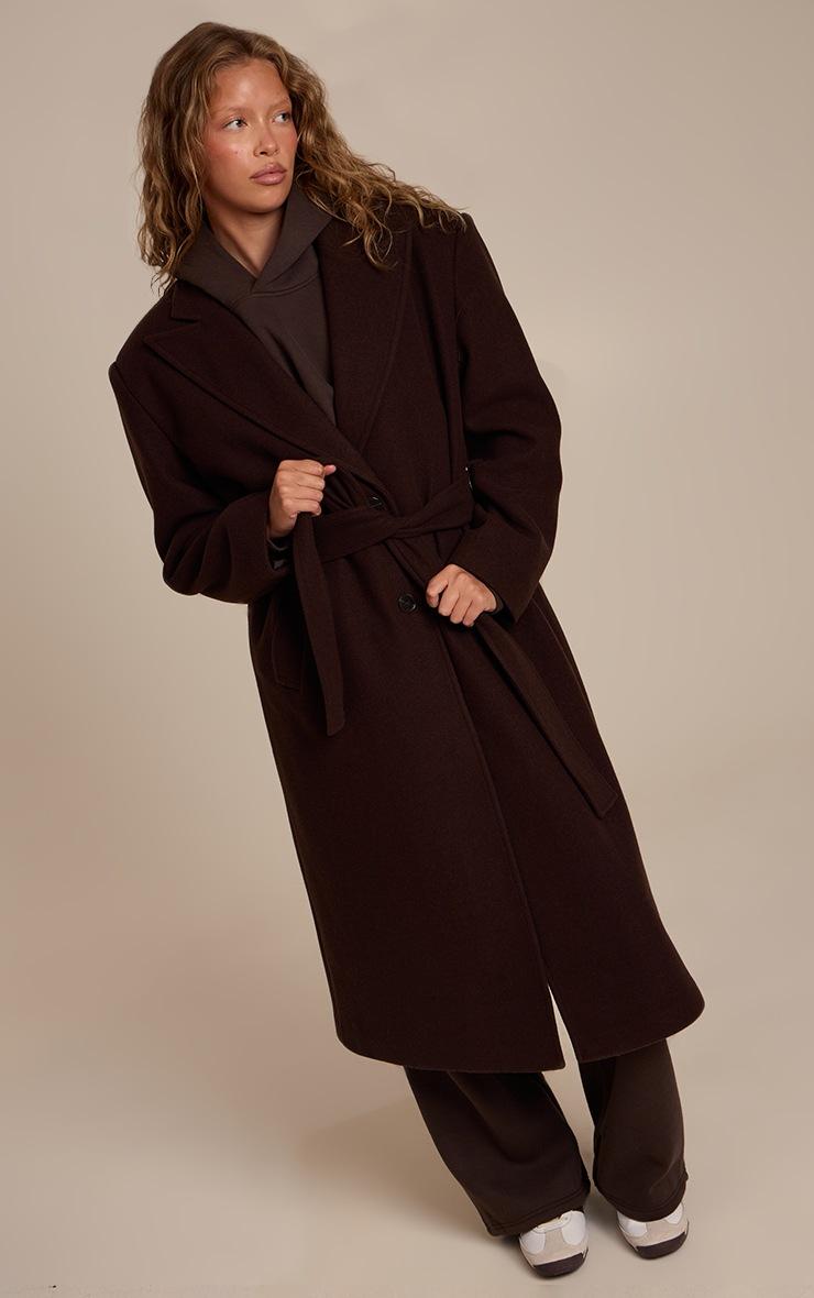 Pretty Little Thing Brown Single Breasted Self Tie Wool Look Maxi Coat