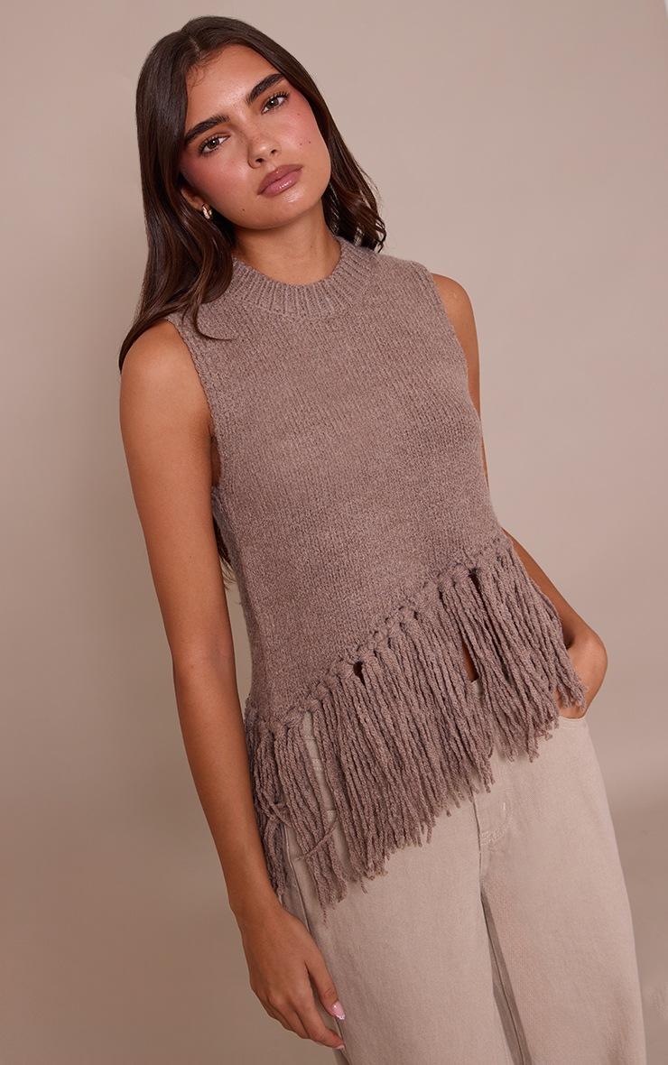 Pretty Little Thing Brown Sleeveless Fringe Detail Sweater