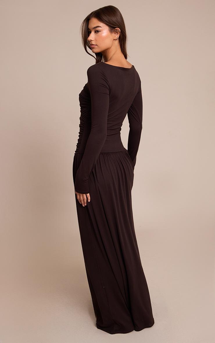 Pretty Little Thing Brown Soft Touch Jersey Ruched Long Sleeve Maxi Dress