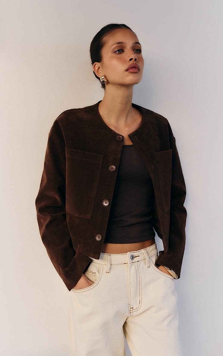 Pretty Little Thing Brown Suede Look Boxy Button Up Jacket