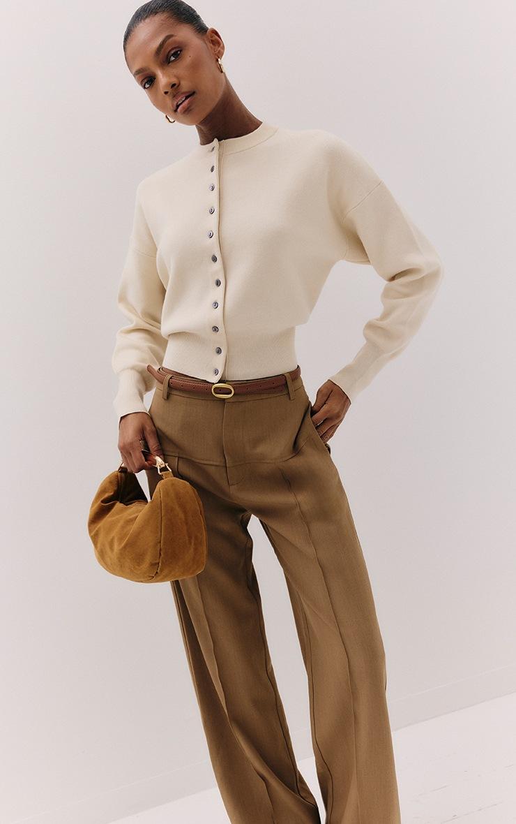 Pretty Little Thing Brown Tailored Thick Belted Waistband Detail Wide Leg Pants