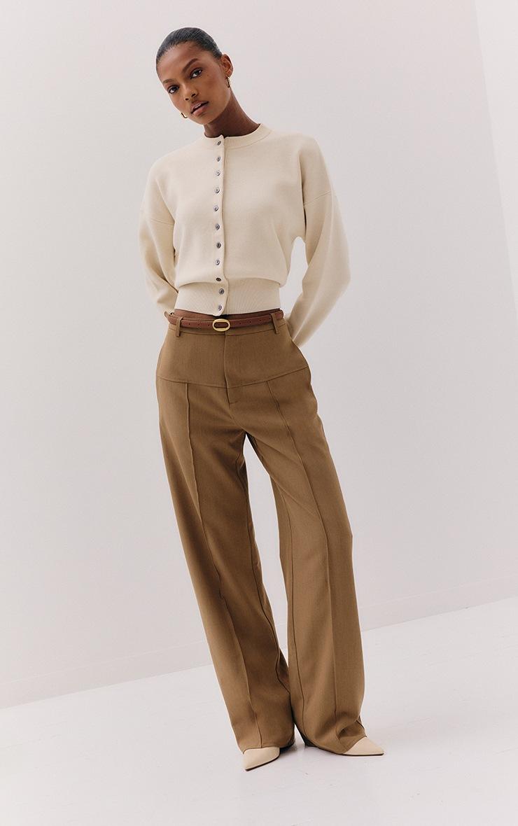 Pretty Little Thing Brown Tailored Thick Belted Waistband Detail Wide Leg Pants