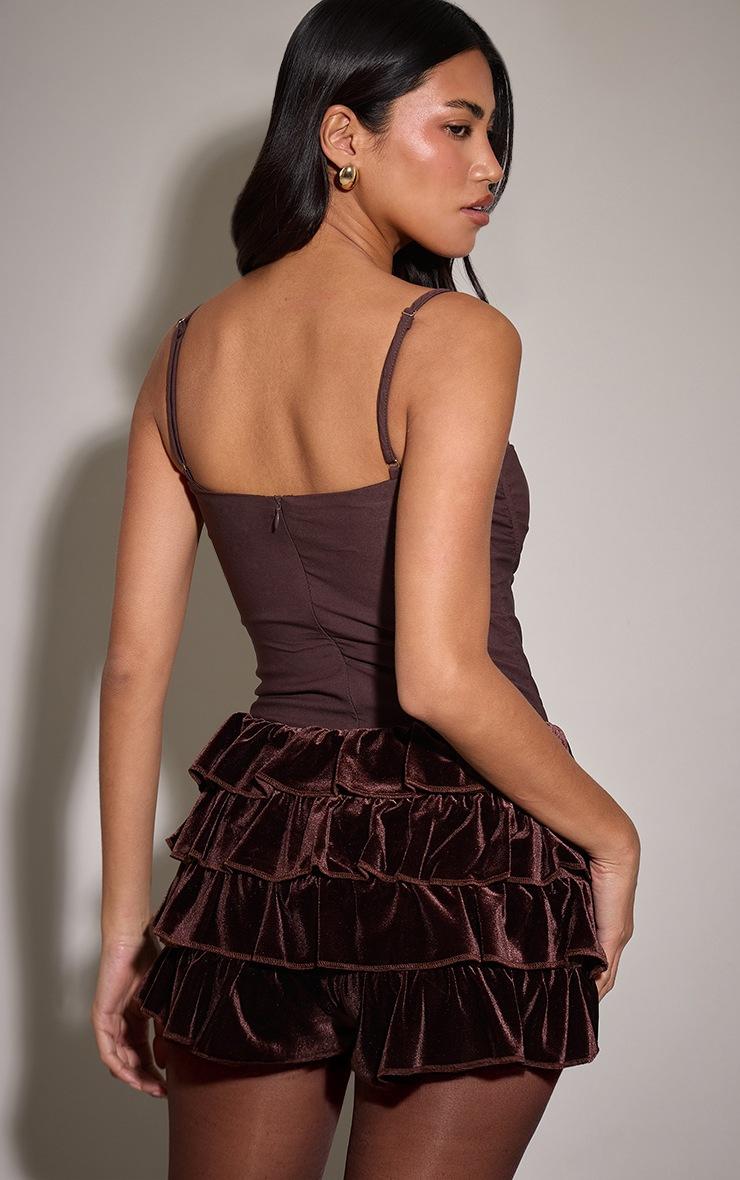 Pretty Little Thing Brown Velvet Frilly Low Rise Bloomer Shorts