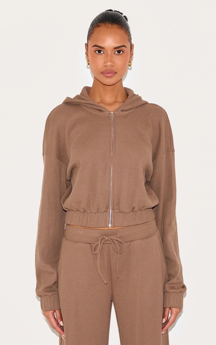 Pretty Little Thing Brown Waffle Zip Up Cropped Hoodie