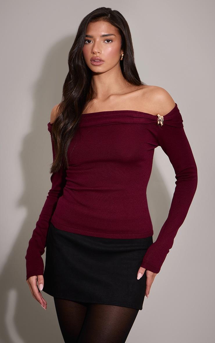Pretty Little Thing Burg Long Sleeve Twist Shoulder Detail Knitted Top