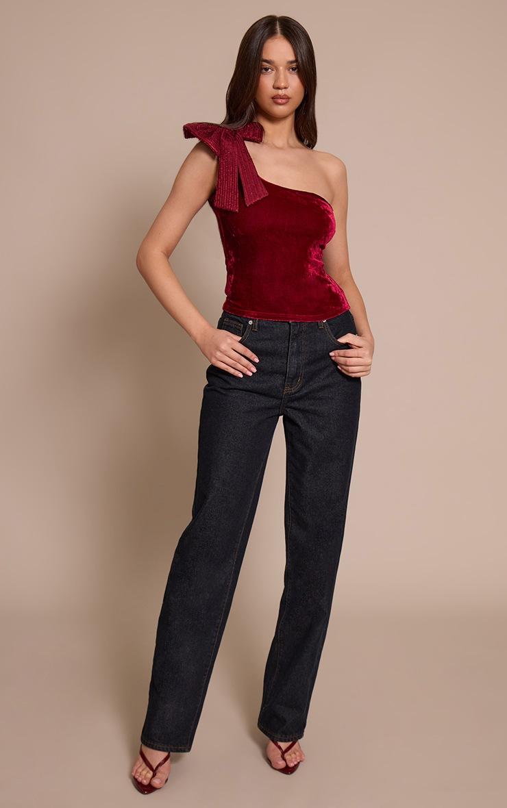 Pretty Little Thing Burgundy Asymmetric Velvet Sequin Bow Detail Long Top