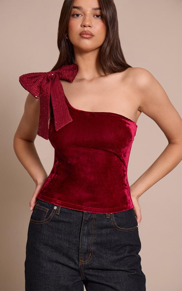 Pretty Little Thing Burgundy Asymmetric Velvet Sequin Bow Detail Long Top