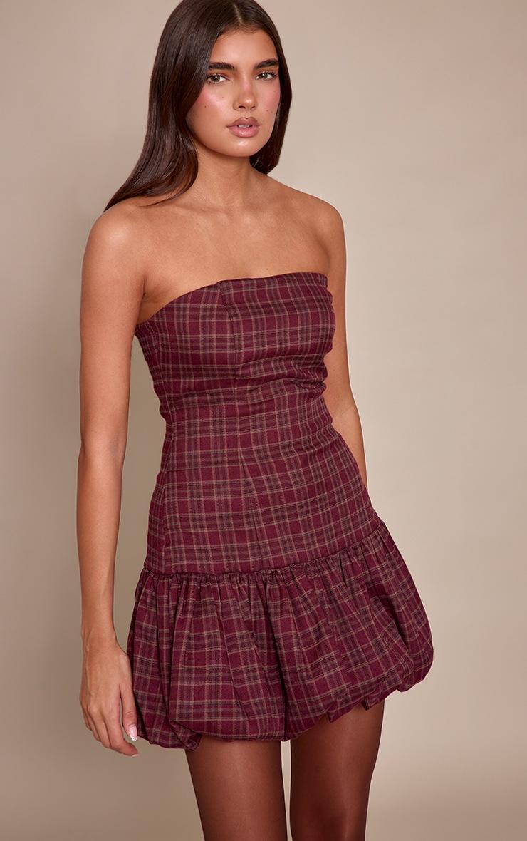 Pretty Little Thing Burgundy Check Bandeau Puffball Dress