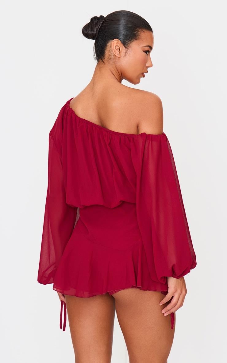 Pretty Little Thing Burgundy Chiffon One Shoulder Floaty Detail Skort Romper
