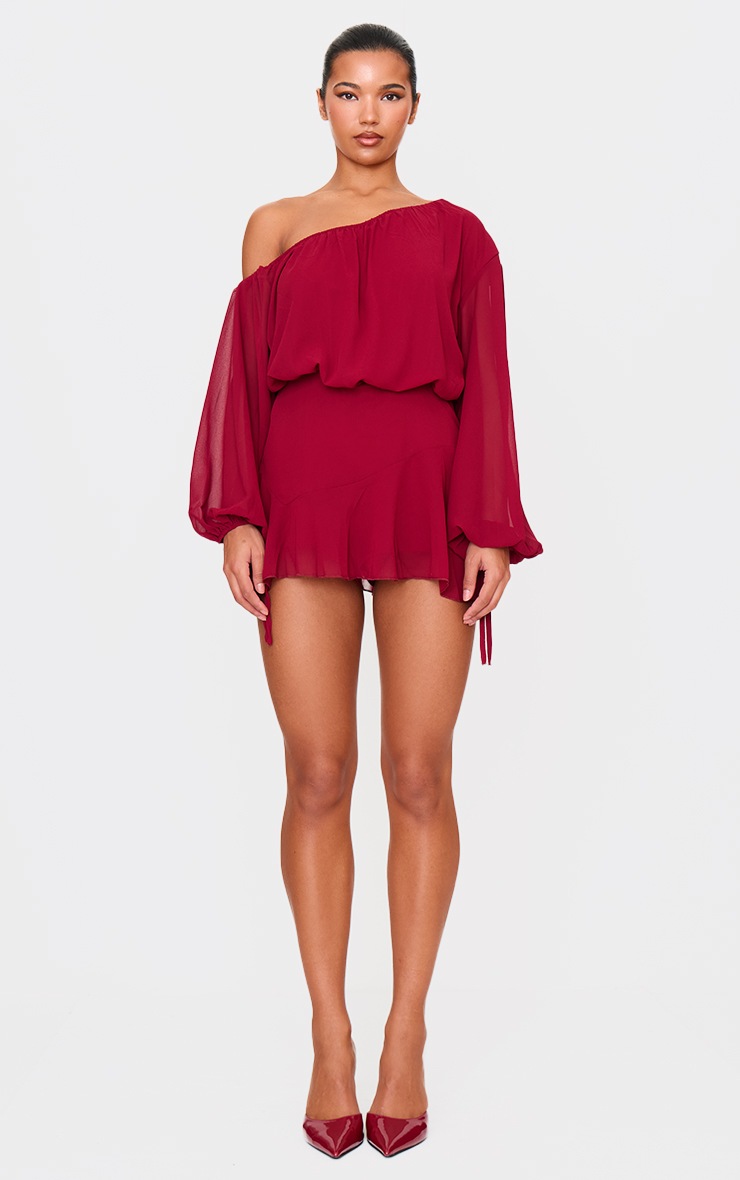 Pretty Little Thing Burgundy Chiffon One Shoulder Floaty Detail Skort Romper