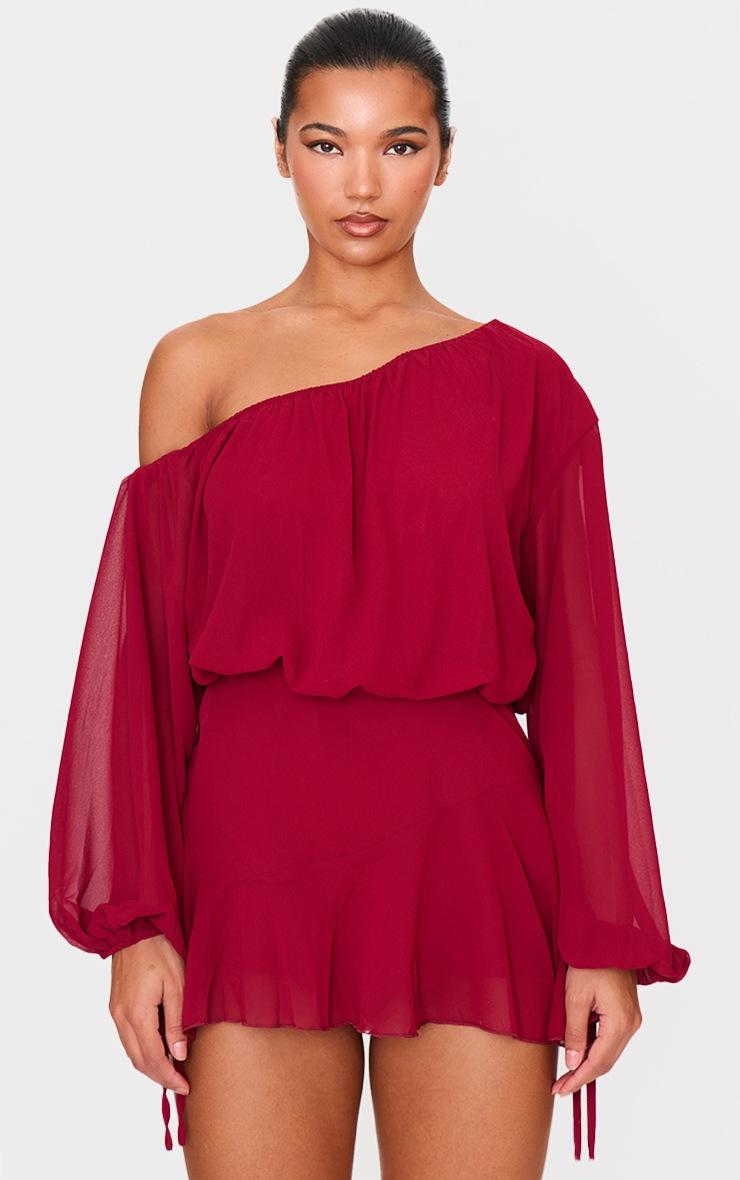Pretty Little Thing Burgundy Chiffon One Shoulder Floaty Detail Skort Romper