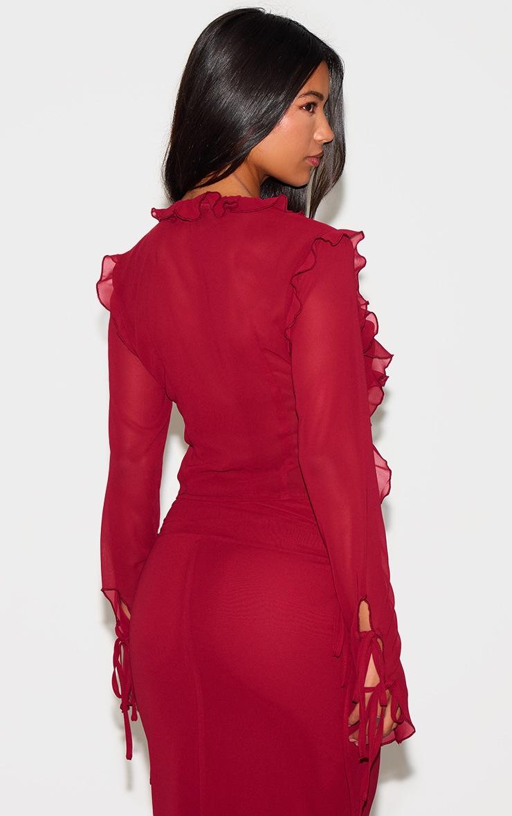 Pretty Little Thing Burgundy Chiffon Ruffle Tie Front Blouse