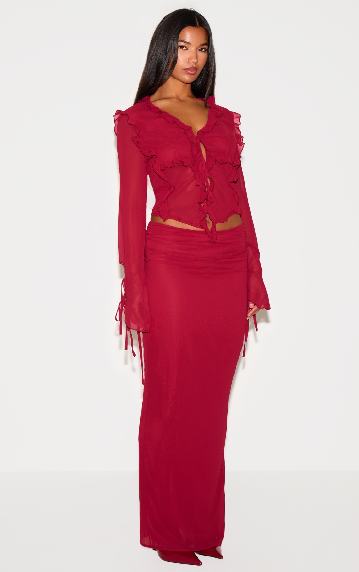 Pretty Little Thing Burgundy Chiffon Ruffle Tie Front Blouse