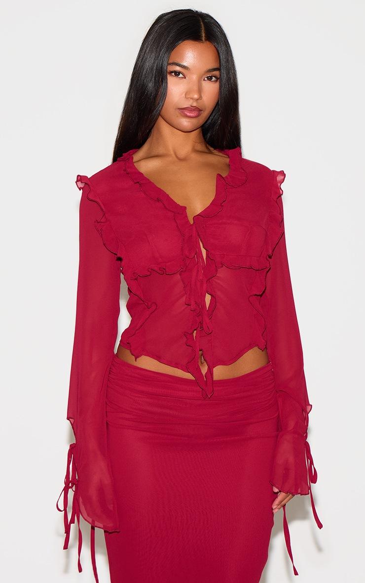 Pretty Little Thing Burgundy Chiffon Ruffle Tie Front Blouse