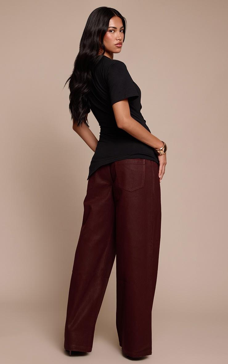 Pretty Little Thing Burgundy Coated Effect Wide Leg Jean