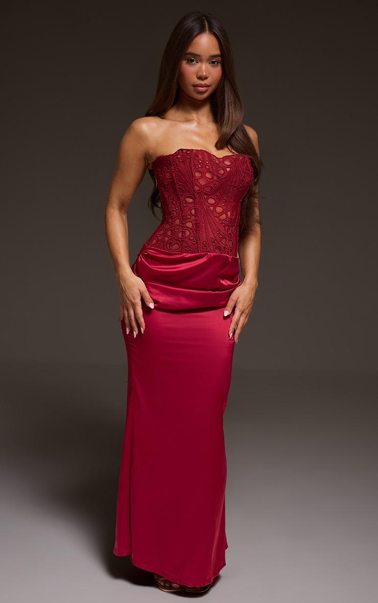 Pretty Little Thing Burgundy Corset Detail Satin Ruched Maxi Dress