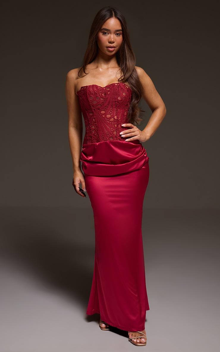 Pretty Little Thing Burgundy Corset Detail Satin Ruched Maxi Dress